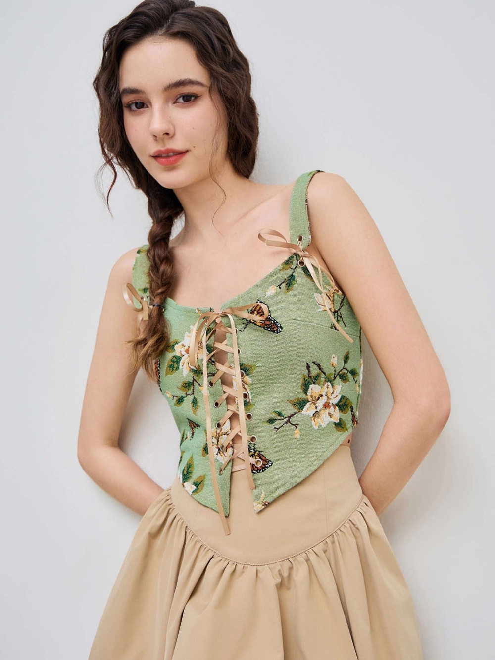 Cider Floral + Butterfly Lace Up Crop Top Tank Top 2x